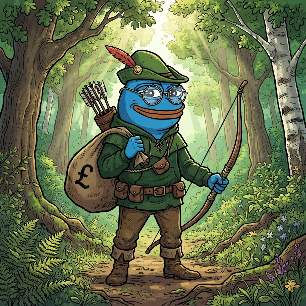 Normie standing in a sunlit forest carrying a money sack