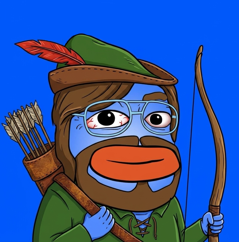 Normie, a blue frog dressed as Robin Hood with a green hat, glasses, and a bow